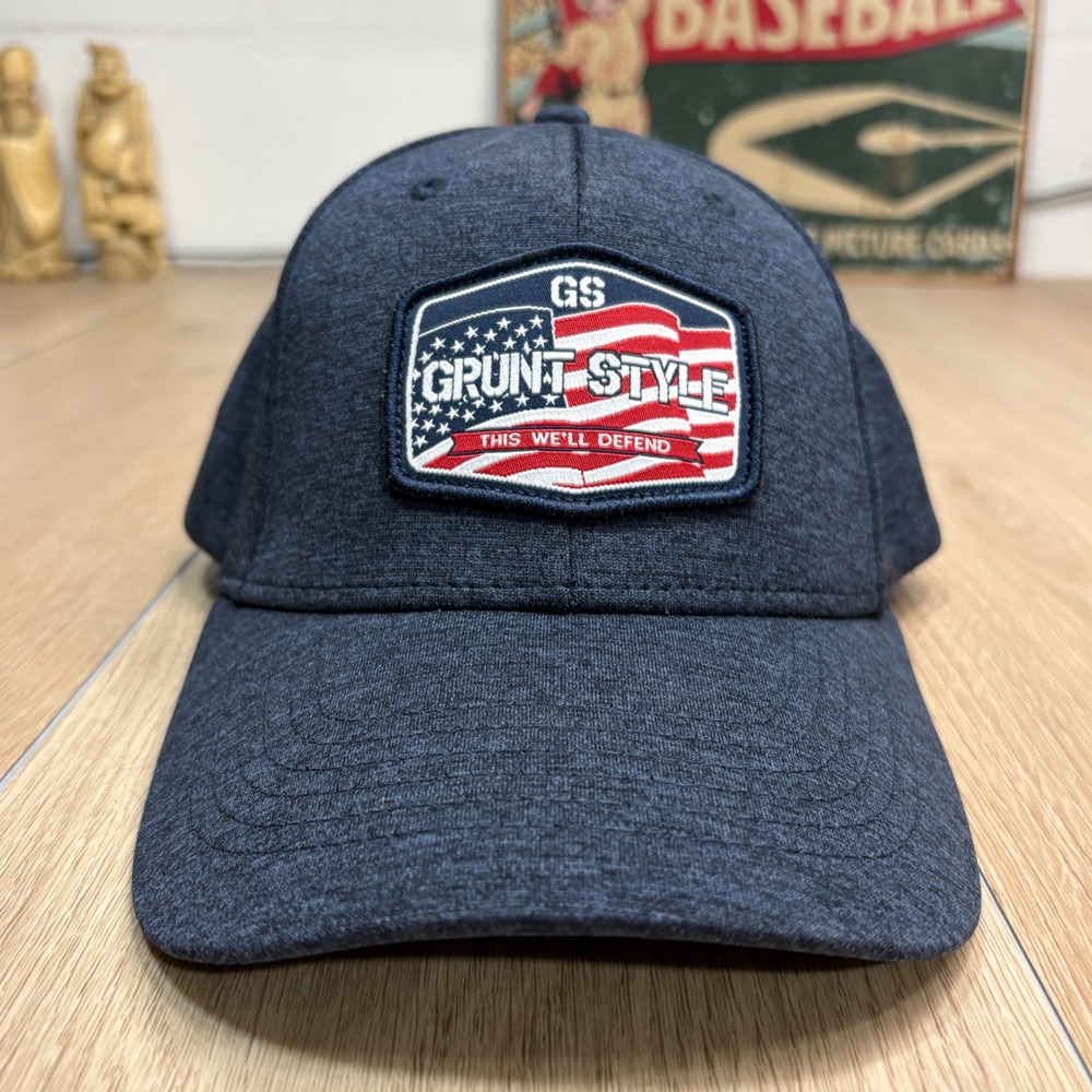 Grunt Style Mens American Flag Patch Hat Navy Blue Heathered Fitted Baseball Cap